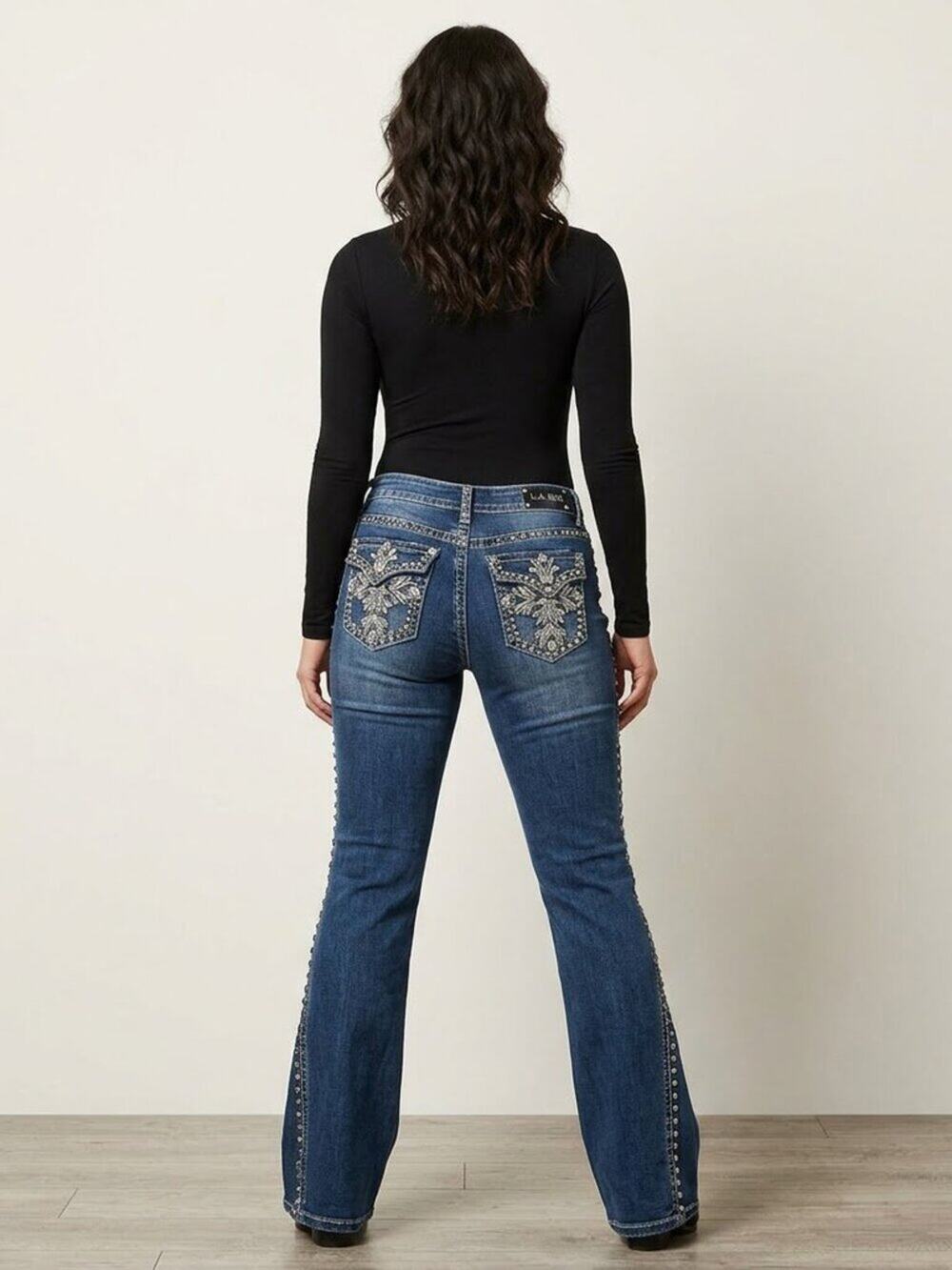 L.A. Idol Women's Embellished Flare Jeans - Rhinestone & Stud Pockets - Sz 13